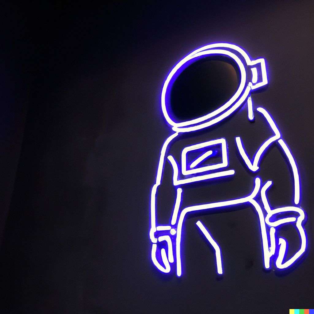 an astronaut, neon sign on a black wall